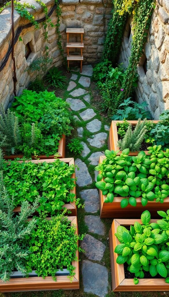 A vibrant, top-down view of a meticulously planned herb garden. In the foreground, a variety of lush, verdant herbs - fragrant rosemary, fragile parsley, robust thyme, and aromatic basil - are artfully arranged in raised wooden planters. The middle ground features a winding stone path leading through the garden, bathed in warm, natural light. In the background, a picturesque stone wall or fence creates a sense of enclosure, with trailing vines and climbing plants adding a touch of rustic charm. The overall composition conveys a harmonious balance between the structure of the garden and the organic, flowing nature of the herbs, evoking a sense of tranquility and inspiration for culinary and medicinal pursuits.