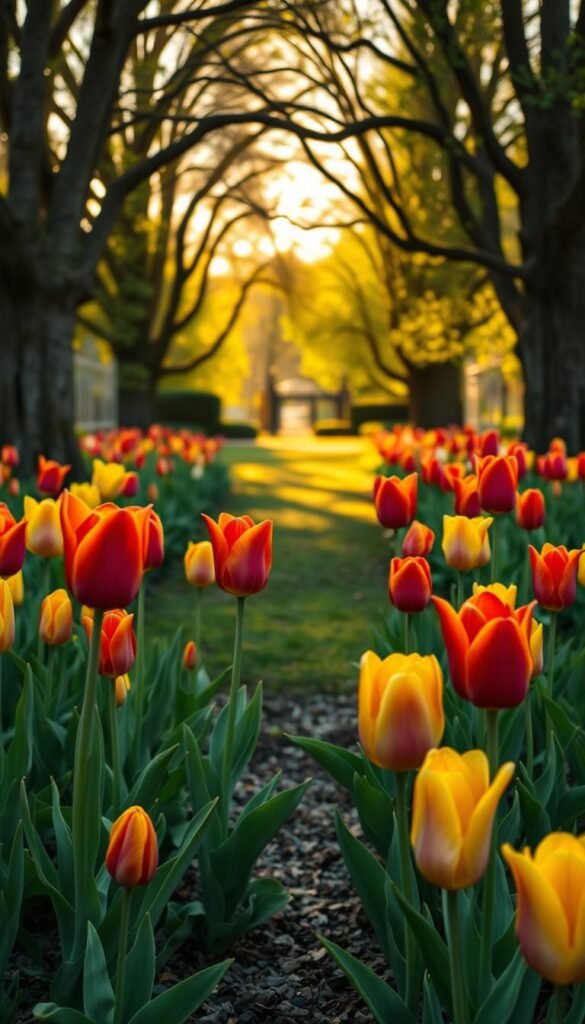 A vibrant tulip garden unfolds, bursting with bold colors and graceful petals. In the foreground, a carefully curated arrangement of tulips in shades of red, yellow, and pink sway gently in a light breeze, their stems rising from a lush, verdant bed. The middle ground reveals an elegant, meandering path, inviting visitors to explore the garden's delights. Framing the scene, a backdrop of mature trees casts a warm, golden glow, casting gentle shadows that accentuate the flowers' intricate details. The lighting is soft and diffused, creating a serene, enchanting atmosphere that captures the essence of springtime splendor. This idyllic tulip garden planning scene is captured through a wide-angle lens, showcasing the harmonious blend of nature's vibrant hues and carefully curated design.