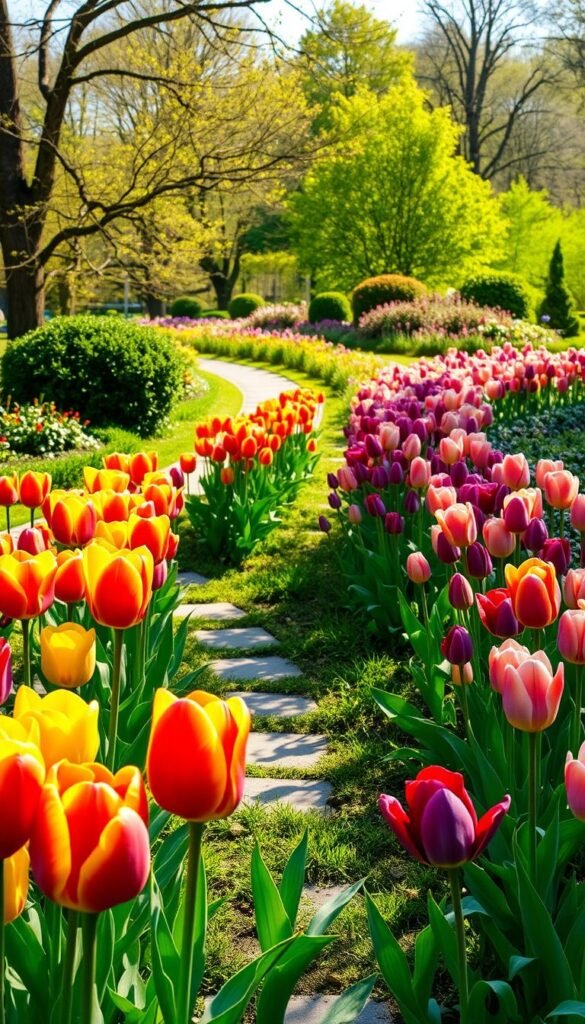 A vibrant tulip pathway winds through a lush, sun-dappled garden. In the foreground, bold, colorful tulips in a variety of hues - fiery reds, sunny yellows, deep purples, and delicate pinks - stand tall, their petals gently swaying in a light breeze. The middle ground features a meandering stone path, flanked by low-growing greenery and the occasional vibrant tulip cluster. In the background, a verdant landscape of mature trees and shrubs frames the scene, creating a sense of depth and tranquility. Soft, warm lighting bathes the entire composition, casting gentle shadows and highlighting the tulips' vivid colors. The overall atmosphere is one of spring renewal and joyful abundance.