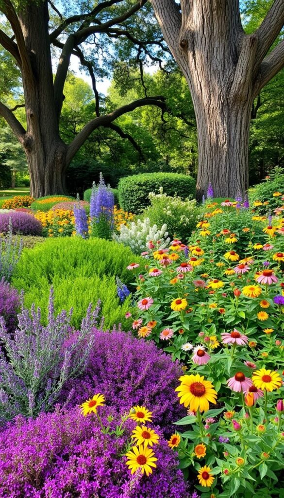 A vibrant, year-round garden featuring a lush mixture of evergreen shrubs, colorful perennials, and a serene backdrop of mature trees. In the foreground, a diverse array of deer-resistant plants like lavender, rosemary, and boxwood create a welcoming, fragrant border. The midground showcases a mix of pollinator-friendly flowers like coneflowers, black-eyed Susans, and butterfly bushes, their blooms attracting a flurry of butterflies and bees. The background is dominated by the warm, textural appeal of the bark on towering oak and maple trees, casting dappled sunlight across the scene. The overall composition conveys a harmonious, naturalistic landscape with visual interest and appeal in all four seasons.