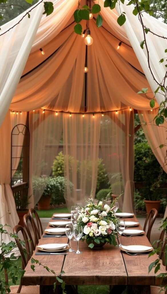 A warm, cozy gazebo in a lush garden, adorned with elegant drapery and string lights, serving as a charming weather backup plan for an outdoor picnic event. Soft, diffused natural lighting filters through the sheer fabric, creating a romantic, intimate ambiance. In the foreground, a rustic wooden table is set with delicate china, crystal glassware, and an artful floral centerpiece. Trailing vines and potted plants frame the scene, blending the indoor and outdoor spaces. The overall atmosphere exudes a sense of effortless sophistication, transporting guests to a enchanting alfresco oasis, ready to shelter the picnic festivities from any unexpected weather.