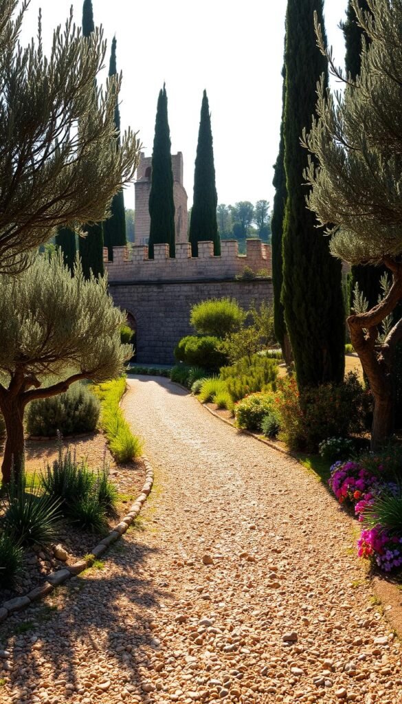 A warm, sun-drenched Mediterranean garden path, winding through a lush landscape of olive trees, fragrant herbs, and vibrant flowers. The gravel underfoot crunches softly with each step, its irregular pattern casting intricate shadows in the golden afternoon light. Tall cypress trees frame the scene, their slender silhouettes reaching skyward. In the distance, a weathered stone wall adds an ancient, timeless feel. The overall atmosphere is one of tranquility and contemplation, inviting the viewer to slow down and savor the beauty of this serene outdoor space.