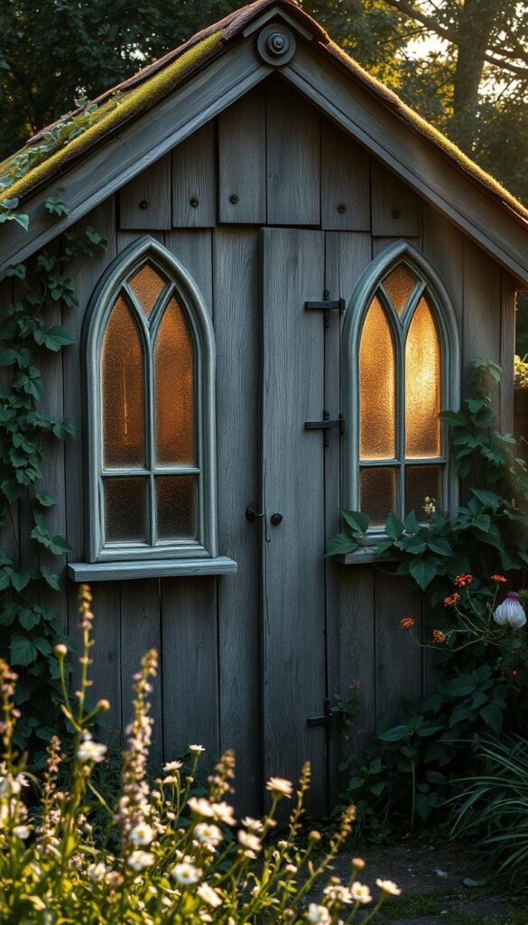 A weathered, rustic garden shed with gothic-style windows stands amidst a lush, overgrown garden. The structure's aged, distressed wood siding and moss-covered roof evoke a sense of timeless charm. Rays of warm, golden light filter through the intricate, arched windows, casting a soft, ethereal glow. Rambling vines and blooming wildflowers spill over the shed's edges, creating a captivating contrast between the aged architecture and the vibrant natural elements. The scene exudes a sense of enchantment and a touch of romantic, vintage allure, inviting the viewer to imagine the stories and secrets this shed might hold.