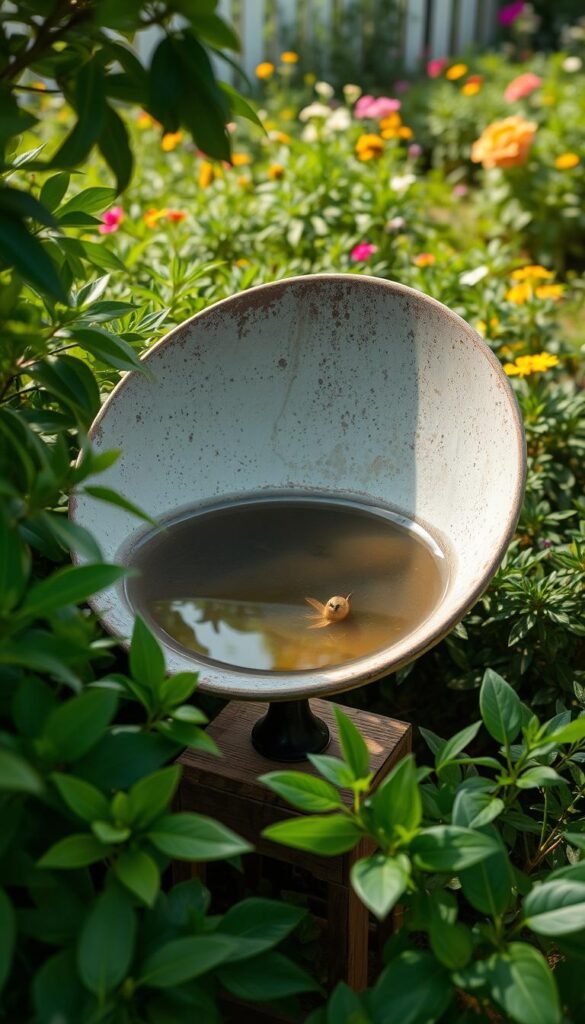 A weathered satellite dish repurposed as a charming bird bath nestled among lush, verdant foliage. The dish is positioned on a rustic wooden stand, its concave surface filled with fresh, clear water reflecting the natural surroundings. Soft, diffused lighting filters through the leaves, creating a peaceful, serene atmosphere. In the background, a vibrant garden with colorful flowers and plants frames the scene, adding depth and texture. The overall composition evokes a sense of harmony, where discarded technology is transformed into a functional and visually appealing piece of garden art.