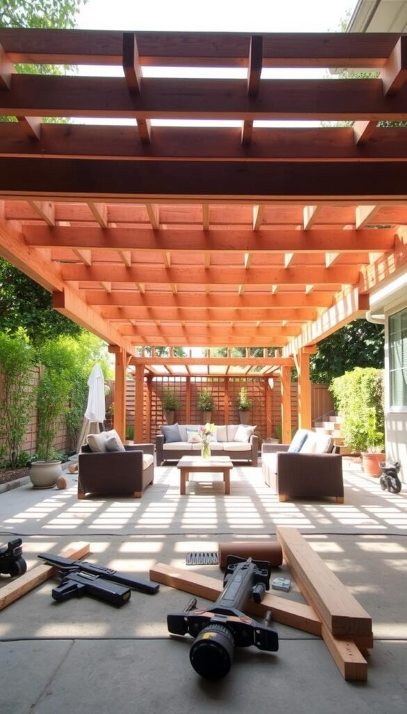 A well-crafted DIY pergola under natural sunlight, the wooden beams and latticework casting warm shadows across a neatly arranged patio. In the foreground, detailed construction tools and materials lie scattered, hinting at the recent building process. The middle ground showcases the pergola's sturdy structure, its simple yet elegant design blending seamlessly with the lush surrounding greenery. In the background, a tranquil outdoor living space invites relaxation, with comfortable seating and potted plants creating a cozy, inviting atmosphere. Soft, diffused lighting and a sense of peaceful accomplishment permeate the scene, inspiring DIY enthusiasts to embark on their own backyard oasis projects.