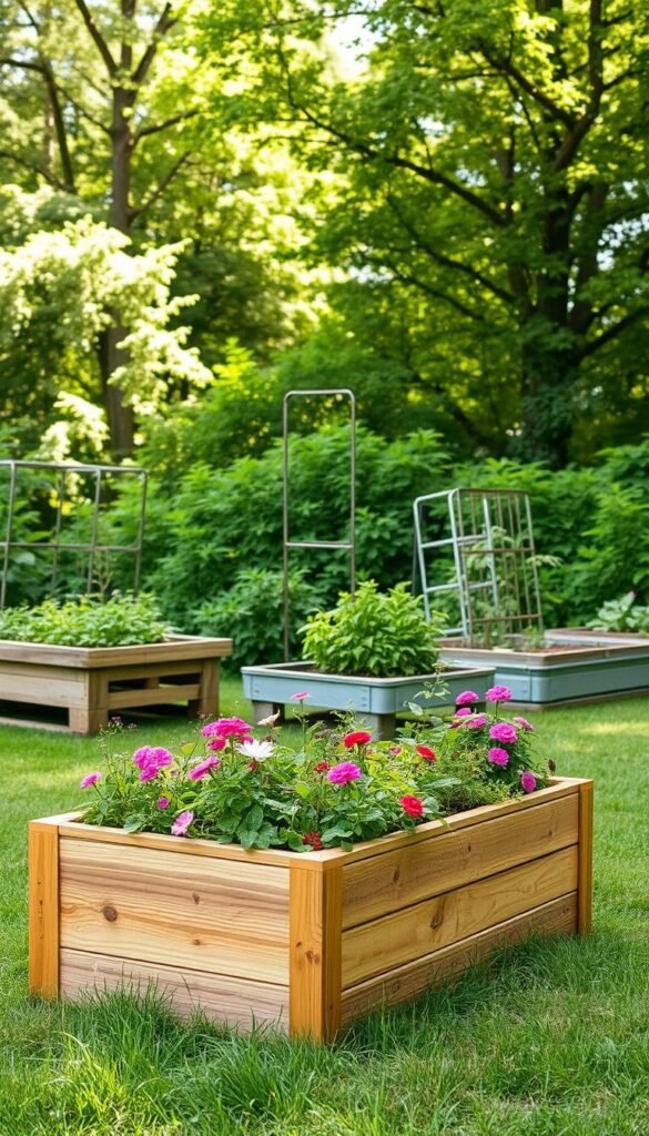 A well-designed DIY garden bed set against a lush, verdant backdrop. In the foreground, a raised wooden planter box filled with a vibrant array of flowering plants and herbs, their leaves rustling softly in the gentle breeze. In the middle ground, a series of additional garden beds constructed from repurposed materials like upcycled pallets and galvanized steel, creating an eclectic, yet cohesive visual harmony. The background features a backdrop of flourishing greenery, with towering trees casting a warm, natural light across the scene. The overall composition radiates a sense of tranquility and the satisfaction of a self-made, budget-friendly outdoor oasis.