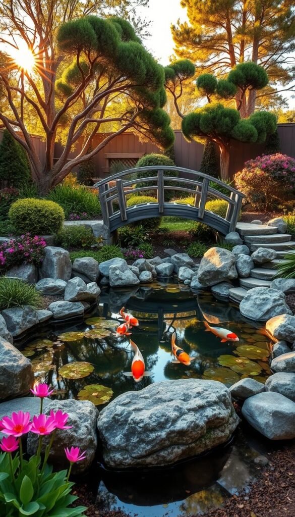 A well-designed focal point garden featuring a serene koi pond surrounded by a lush, manicured landscape. The pond's crystal-clear waters reflect the vibrant hues of nearby flowers and foliage, creating a mesmerizing visual harmony. Strategically placed boulders and a weathered wooden bridge add depth and texture to the scene. Warm, golden sunlight filters through the canopy of carefully pruned trees, casting a peaceful, contemplative atmosphere. The overall composition draws the viewer's eye directly to the pond, the undisputed centerpiece of this tranquil oasis.