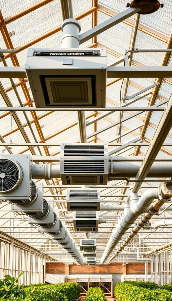 A well-designed greenhouse ventilation system, featuring a series of vents and fans strategically placed throughout the structure. In the foreground, a network of high-efficiency exhaust fans, seamlessly integrated into the greenhouse's roof and walls, gently circulating the air. In the middle ground, a series of automated louvered vents, programmed to open and close in response to changes in temperature and humidity, ensuring optimal air exchange. In the background, a complex system of ducting and ductwork, meticulously engineered to channel fresh air into the greenhouse, creating a balanced, healthy atmosphere for the plants. The scene is bathed in warm, natural lighting, with a clean, functional aesthetic that conveys the importance of climate control in colder climates.