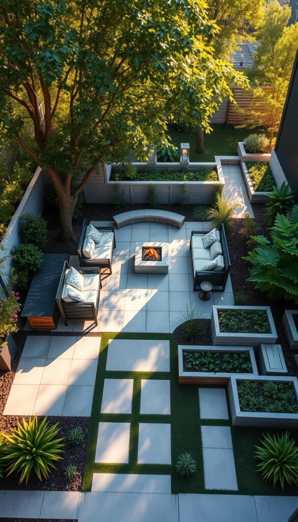 A well-designed outdoor layout with functional seating areas, a central gathering space, and thoughtfully placed greenery. Warm sunlight filters through the trees, casting gentle shadows across the scene. Geometric stone pathways guide visitors, leading to a cozy fire pit nestled among lush foliage. Sleek, modern furniture invites relaxation, while a raised garden bed adds a touch of practicality. The layout seamlessly integrates natural and man-made elements, creating a harmonious and visually appealing outdoor oasis.