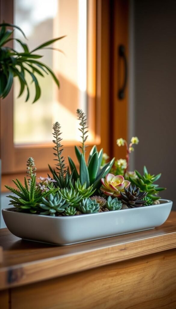 A well-designed shallow container garden, featuring an assortment of lush, verdant succulents and small flowering plants arranged in a visually appealing composition. The container is a low-profile, rectangular ceramic planter with a sleek, modern design, placed on a wooden table or shelf. Soft, diffused natural lighting from a nearby window casts a warm, gentle glow across the scene, accentuating the vibrant colors and textures of the plants. The overall mood is one of serene, minimalist elegance, perfectly encapsulating the concept of a dish garden as a simple, yet stunning home decor piece.