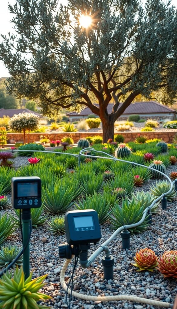 A well-designed smart irrigation system setup in a lush, thriving succulent garden. In the foreground, a modern water controller and smart sensors monitor soil moisture levels. Sleek drip irrigation lines wind through the gravel-mulched beds, delivering water efficiently to the vibrant, drought-tolerant plants. Sunlight filters through the canopy of a mature olive tree in the middle ground, casting warm, natural lighting across the scene. In the background, a low stone wall delineates the garden from the surrounding landscape, hinting at a harmonious integration of the irrigation system with the overall design. The overall atmosphere is one of thoughtful, water-wise gardening that complements the natural beauty of the succulents.