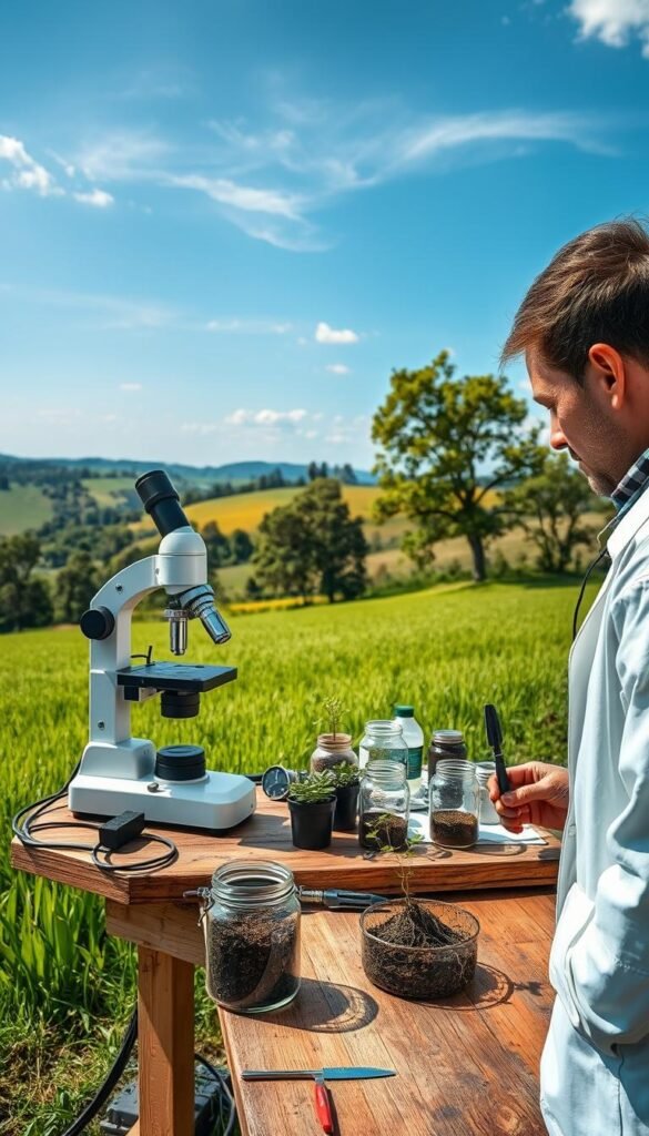 A well-equipped soil testing laboratory on a lush, verdant field. In the foreground, a technician in a white lab coat meticulously examines soil samples under a high-powered microscope, their face illuminated by the warm glow of the instrument's LED lighting. In the middle ground, various testing equipment and tools are neatly arranged on a sturdy wooden table, surrounded by potted plants and jars containing soil samples. The background showcases a panoramic view of the countryside, with rolling hills, towering trees, and a clear, blue sky overhead, conveying a sense of natural harmony and resilience. The overall scene exudes a mood of scientific inquiry, environmental consciousness, and a steadfast commitment to understanding and adapting to the challenges posed by climate change.