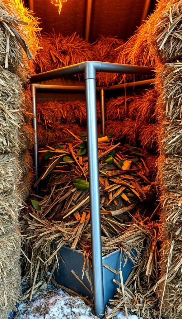 A well-insulated compost bin with thick straw bales or hay stacked around its exterior, creating a cozy, insulated environment. The bin's metal frame is partially visible, contrasted against the organic, earthy textures of the insulation. Warm, diffused lighting casts a golden glow, highlighting the rich browns and greens of the composting materials inside. The scene conveys a sense of controlled, efficient composting, even in the depths of winter, ready to be captured for an informative article on maintaining a thriving compost pile year-round.
