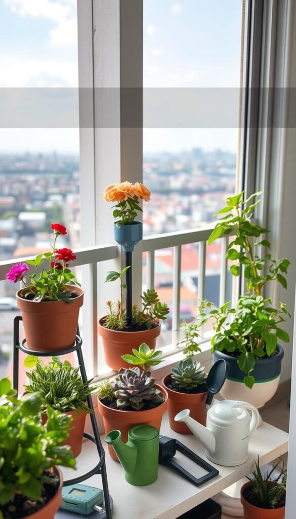A well-lit balcony showcasing various watering solutions for potted plants. In the foreground, a tiered plant stand holds an assortment of thriving flowers and succulents, each with a unique self-watering system - from a simple drip irrigation setup to an automated system with a timer. In the middle ground, a small watering can and gardening tools are neatly arranged, complementing the lush greenery. The background features a panoramic view of a cityscape, with the balcony railing framing the scene. The overall mood is one of tranquility and efficiency, highlighting the practical yet visually appealing watering solutions for a compact balcony garden.