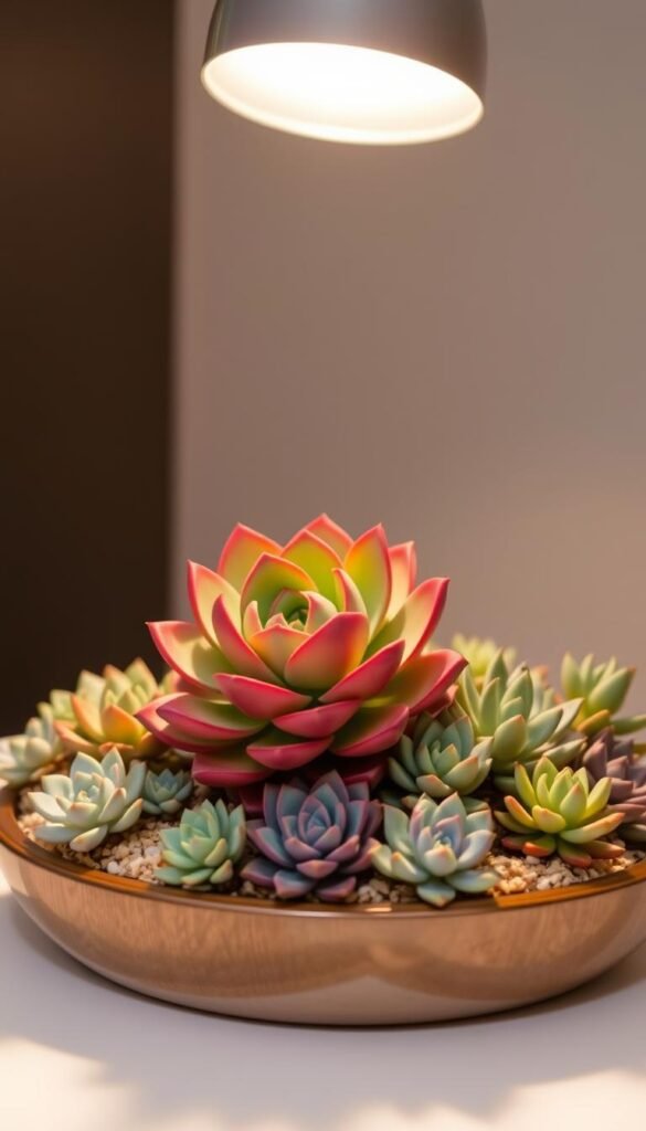 A well-lit, carefully curated succulent dish garden arrangement showcasing a striking, geometric focal plant. The foreground features a central, rosette-shaped succulent with vibrant, layered leaves, its sculptural form accentuated by warm, directional lighting from above. The middle ground includes a harmonious selection of smaller, complementary succulents in varying hues of green, blue, and purple, their compact shapes and textures contrasting beautifully. The background suggests a neutral, minimalist setting, allowing the succulents to take center stage as a stunning, living showpiece.