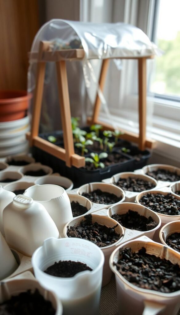 A well-lit, close-up photograph of a homemade seed starting setup. In the foreground, a collection of recycled containers like egg cartons, milk jugs, and yogurt cups filled with soil and seeds. In the middle ground, a simple wooden or cardboard frame supporting a clear plastic cover, creating a miniature greenhouse. Soft, natural lighting from a nearby window illuminates the scene, casting gentle shadows. The overall mood is one of resourcefulness, sustainability, and the tranquil beginnings of a thriving garden.