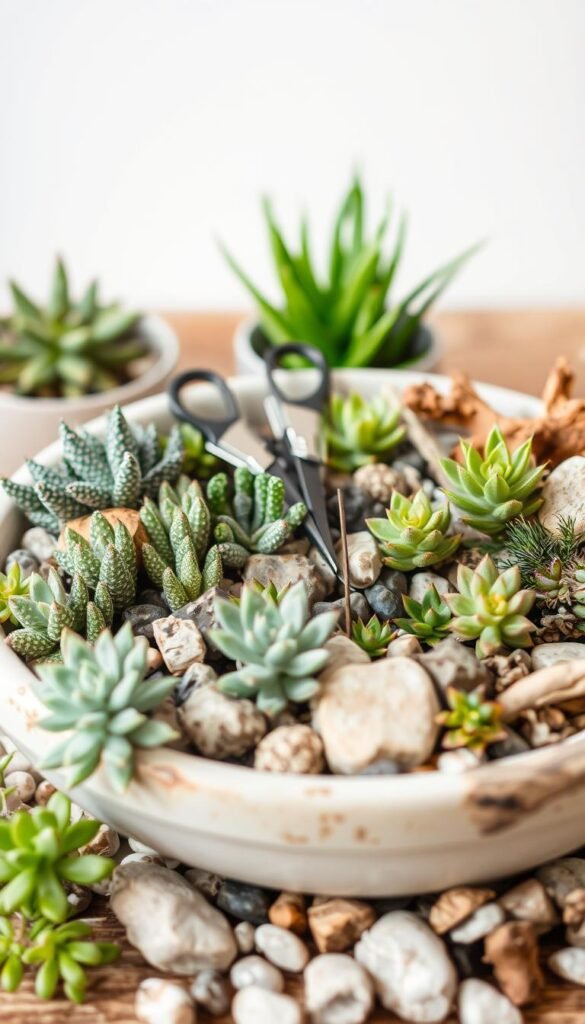A well-lit, close-up photograph of a shallow ceramic bowl filled with various dish garden materials. In the foreground, an assortment of small succulents, cacti, and air plants in an array of shapes and textures. Surrounding them, a scattering of natural elements like river rocks, pebbles, and driftwood pieces, all in muted earthy tones. In the middle ground, a pair of small gardening tools, such as pruning shears and a small trowel, resting beside the bowl. The background is blurred, suggesting a clean, minimalist setting, allowing the materials to take center stage. The lighting is soft and diffused, highlighting the lush, vibrant greenery and the natural, organic quality of the other components. The overall composition is balanced and visually appealing, conveying a sense of tranquility and the materials' potential to transform into a beautiful dish garden centerpiece.