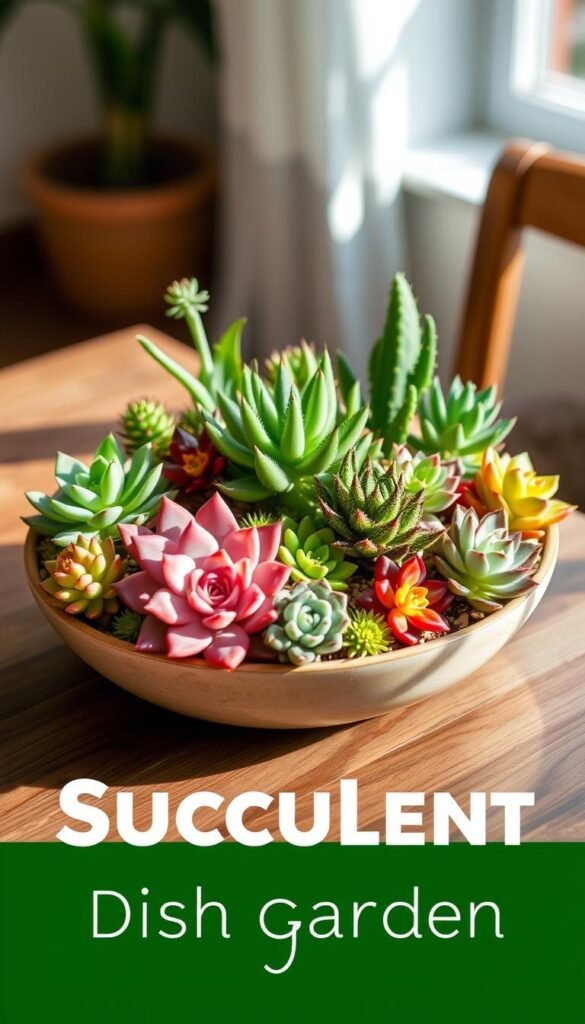 A well-lit, close-up photograph of a succulent dish garden placed on a wooden table. The dish is filled with an assortment of vibrant, healthy succulents in various shapes and colors, such as echeveria, jade, and sedum. The succulents are arranged in a visually appealing, harmonious composition. Soft, natural lighting casts gentle shadows, highlighting the textures and details of the plants. The background is blurred, keeping the focus on the thriving dish garden. The image conveys a sense of tranquility and the low-maintenance care required for a cactus dish garden centerpiece.