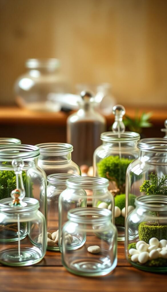 A well-lit, close-up shot of a curated collection of glass containers and supplies for a fairy garden terrarium. In the foreground, a variety of glass jars, vases, and terrariums of different shapes and sizes are neatly arranged on a wooden surface, their smooth, clean lines catching the soft, natural light. In the middle ground, small accessories like river rocks, moss, and miniature figurines are scattered among the containers, hinting at the enchanted world to be created. The background is slightly blurred, with a warm, earthy tone that sets a serene, inviting mood, perfect for crafting a whimsical miniature landscape under glass.
