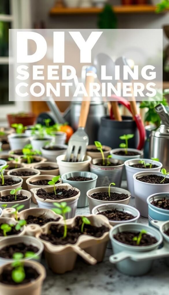 A well-lit, close-up view of a table or surface covered with a variety of DIY seedling containers. In the foreground, an assortment of repurposed household items like egg cartons, yogurt cups, and tin cans are arranged neatly, each filled with soil and tiny seedlings. The middle ground features a gardening trowel, watering can, and other gardening tools, suggesting a hands-on, homemade process. The background is blurred, hinting at a cozy, domestic setting, perhaps a kitchen or backyard. The overall mood is one of creativity, sustainability, and a connection to nature, reflecting the ethos of the "Step-by-Step Projects to Transform Your Backyard" section.