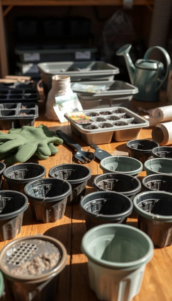 A well-lit, close-up view of a wooden table covered with various containers and gardening supplies, arranged in a neat and organized manner. In the foreground, several small plastic or biodegradable containers, their surfaces textured and ready for seed planting. In the middle ground, a pair of gardening gloves, a small trowel, and a packet of seeds. The background features a few potting trays, a watering can, and a roll of biodegradable seed-starting film, all casting subtle shadows and creating a sense of depth. The overall scene conveys a feeling of careful preparation and anticipation for the upcoming seed-starting process.