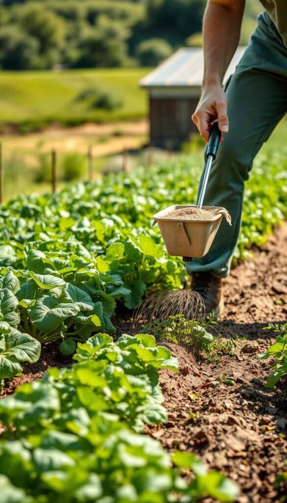 A well-lit, detailed scene of a gardener applying organic fertilizer to a vegetable garden. In the foreground, the gardener is carefully spreading the fertilizer around the base of thriving plants using a handheld spreader. In the middle ground, rows of healthy vegetables and herbs are visible, their leaves glistening in the soft natural light. The background features a lush, green landscape with a shed or greenhouse in the distance, conveying a serene, rural setting. The overall atmosphere is one of diligence, care, and a connection to the land. The lighting is natural, with subtle shadows and highlights accentuating the textures and colors of the scene.