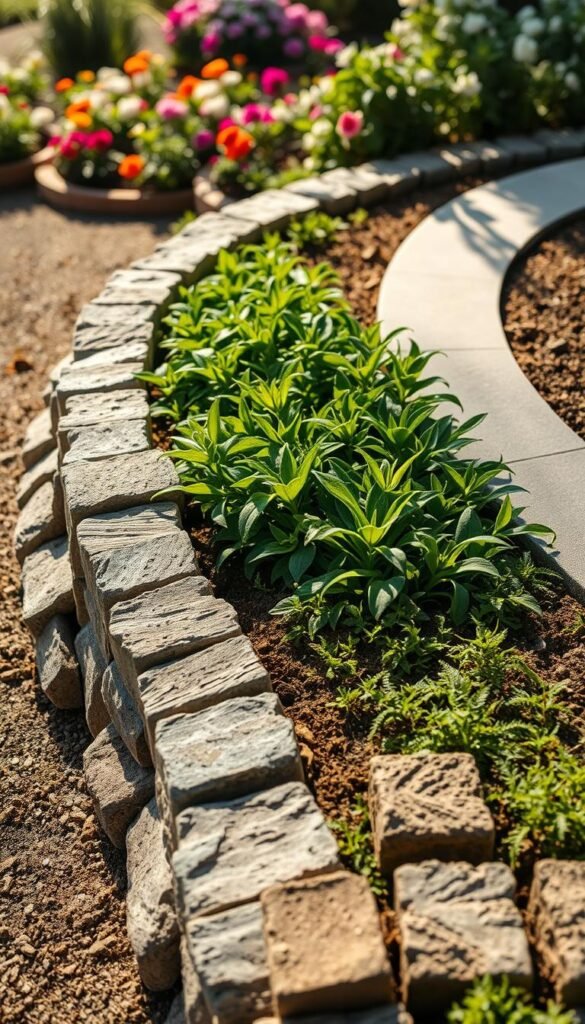 A well-lit, high-angle view of a beautifully crafted garden border, showcasing a harmonious blend of different textured materials. In the foreground, rugged stone bricks form a sturdy, undulating edge, their weathered surfaces catching the warm sunlight. Transitioning into the middle ground, a clean-lined concrete edging provides a sleek, modern contrast, accentuating the lush green foliage that spills over the border. The background hints at a picturesque garden setting, with the border framing a vibrant display of colorful flowers. The overall composition conveys a sense of elegant, timeless style that effortlessly enhances the curb appeal of the outdoor space.