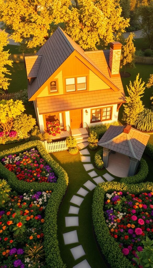 A well-lit, high-angle view of a cozy Bloxburg-style house nestled in a lush, vibrant garden. The house features a mix of modern and rustic architectural elements, with a pitched roof, large windows, and a charming porch. The garden is brimming with colorful flowers, neatly trimmed hedges, and a winding path leading to a quaint gazebo. Warm, golden afternoon sunlight bathes the scene, creating a serene and inviting atmosphere. The image conveys a sense of tranquility and a connection to nature, capturing the essence of a virtual Bloxburg garden that could be brought to life.