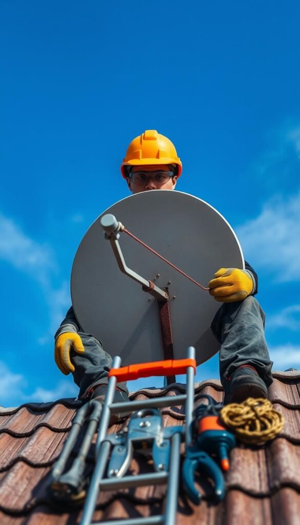 A well-lit, high-angle view of a person safely removing an old satellite dish from a roof, wearing a hard hat, safety goggles, and sturdy work gloves. The dish is disconnected from cables and antennas, ready to be carefully lowered to the ground. In the middle ground, an assortment of tools and safety equipment are neatly arranged, including a ladder, a rope, and a pair of pliers. The background features a clear, blue sky with a few wispy clouds, conveying a sense of caution and care in the repurposing process.