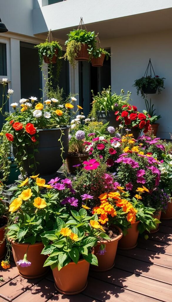A well-lit, high-contrast shot of a lush, thriving container garden showcasing a variety of blooming flowers, trailing vines, and ornamental foliage. The foreground features a mix of colorful potted plants arranged in a visually striking, asymmetric composition, casting dynamic shadows on the wooden deck or patio surface. The middle ground includes a mix of larger planters and hanging baskets, while the background features a minimalist, modern architectural setting with clean lines and neutral tones to emphasize the vibrancy of the plants. The lighting is natural and directional, creating a sense of depth and dimension. The overall mood is one of abundant, carefully curated, and visually harmonious small-space gardening.