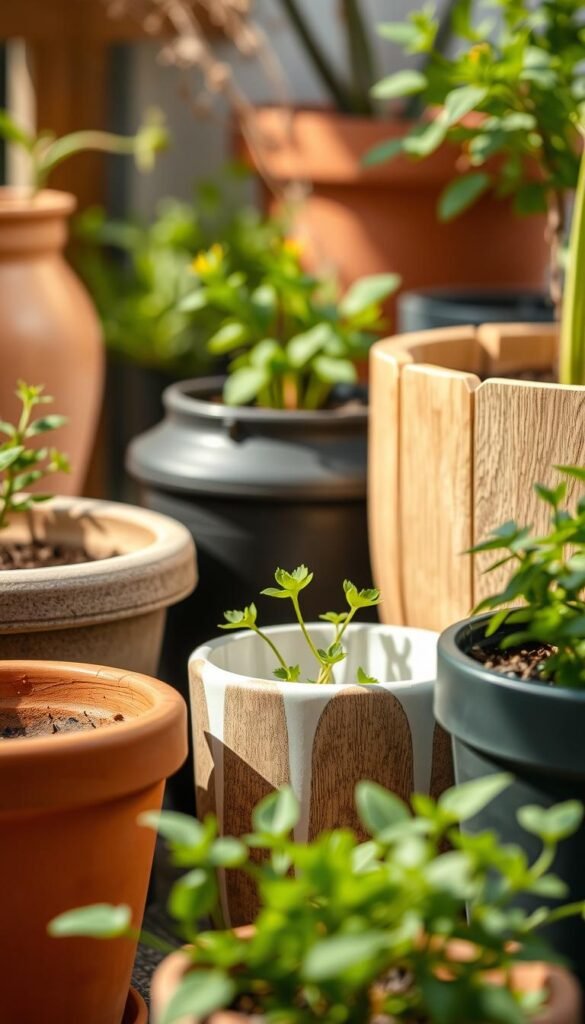 A well-lit, high-resolution close-up view of various container materials commonly used for balcony gardening, including terracotta, ceramic, plastic, and wooden planters. The containers are arranged in a visually appealing still-life composition, with soft shadows and diffused natural lighting creating a harmonious, inviting atmosphere. The foreground showcases the textural details and subtle color variations of each material, while the middle ground provides a sense of scale and arrangement. The background is blurred, allowing the containers to be the focal point and highlighting their suitability for small-space gardening.