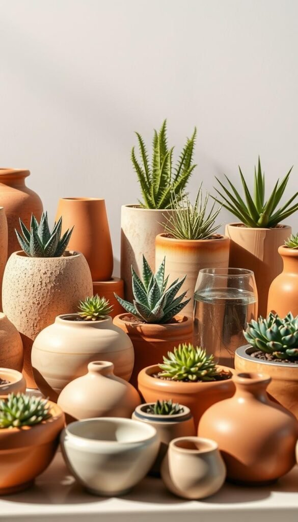 A well-lit, high-resolution photograph showcasing an assortment of decorative dish garden containers. In the foreground, a variety of terracotta, ceramic, and glass vessels in various shapes and sizes - from shallow bowls to tall cylindrical planters. The containers feature a range of earthy, neutral tones, some with subtle textural patterns or glazed finishes. In the middle ground, lush, vibrant succulents and other low-maintenance plants are potted within the containers, creating a harmonious, natural composition. The background is softly blurred, creating a clean, minimalist setting that allows the containers and plants to be the focal point. The lighting is warm and natural, casting gentle shadows that accentuate the three-dimensional forms of the containers.
