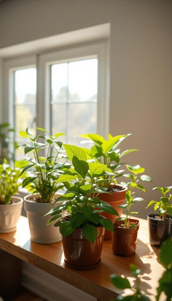 A well-lit indoor dish garden with lush, thriving plants. The scene features a window in the background, allowing natural sunlight to stream in. In the foreground, several potted plants of varying sizes and species are arranged on a wooden shelf or table, each receiving the ideal amount of illumination. The plants appear healthy and vibrant, their leaves glistening. Soft, diffused lighting from above casts a warm, inviting glow on the scene. The composition is balanced, showcasing the plants' needs for optimal lighting conditions. The overall atmosphere conveys a sense of tranquility and thoughtful plant care.