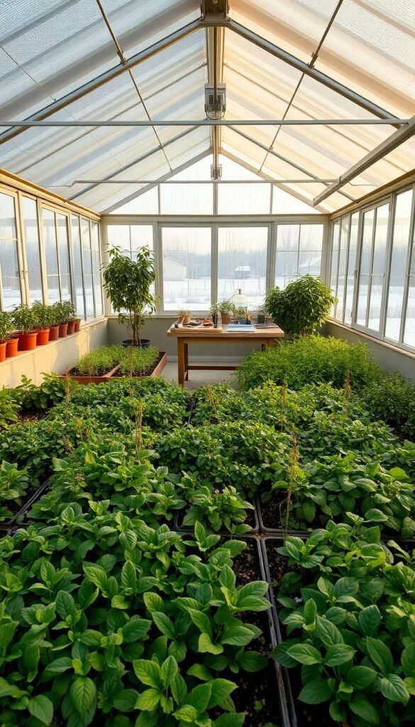 A well-lit, indoor greenhouse with an array of lush, thriving plants. The foreground features a variety of leafy greens, herbs, and small flowering plants arranged in organized raised beds. The middle ground showcases a central work table with gardening tools and supplies. The background reveals a large, panoramic window offering a view of the outdoor winter landscape. The space is bathed in a warm, natural light, creating a serene and nurturing environment for plant growth. The overall atmosphere evokes a sense of control, precision, and horticultural expertise.