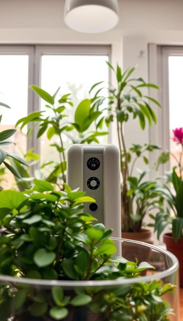 A well-lit indoor plant environment with a controlled climate. In the foreground, a glass terrarium filled with lush, verdant foliage and a small succulent plant. Centered in the middle ground, a sleek, modern humidifier and thermostat regulating the temperature and humidity. In the background, a floor-to-ceiling window allows natural light to flood the space, casting a warm, soft glow. The overall scene conveys a sense of tranquility and harmony, with the carefully curated plants and technology working in sync to create the perfect indoor oasis.
