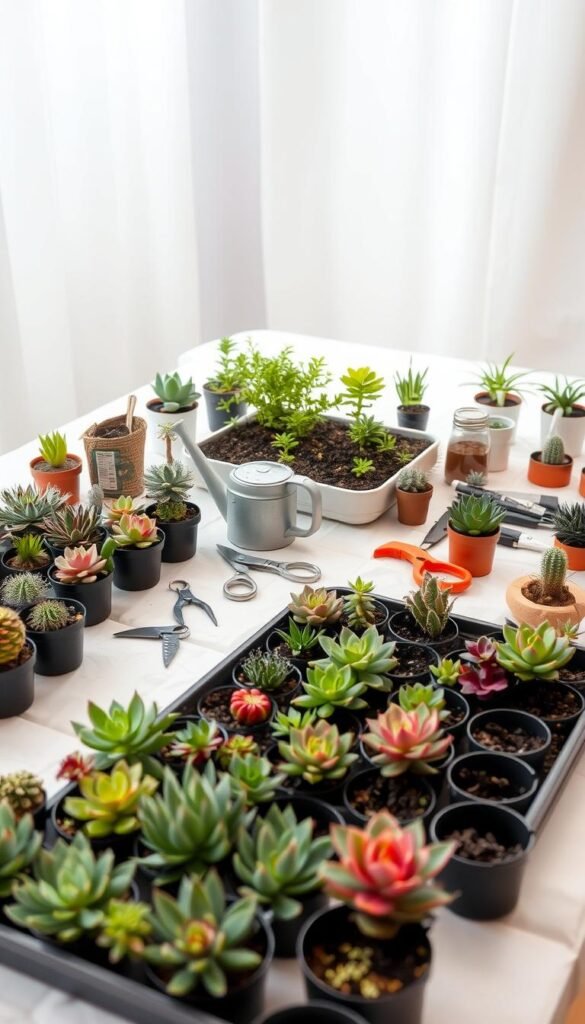 A well-lit, spacious table with a crisp white tablecloth, displaying an array of gardening tools and supplies. In the foreground, various types of succulents, cacti, and other miniature plants are neatly arranged, their vibrant colors and unique shapes catching the eye. In the middle ground, a potting tray filled with rich, dark soil sits alongside a small watering can and a pair of sharp pruning shears. The background is softly blurred, creating a sense of depth and focus on the preparation setup. The overall scene conveys a serene, organized, and inviting atmosphere, perfect for crafting a beautiful dish garden.