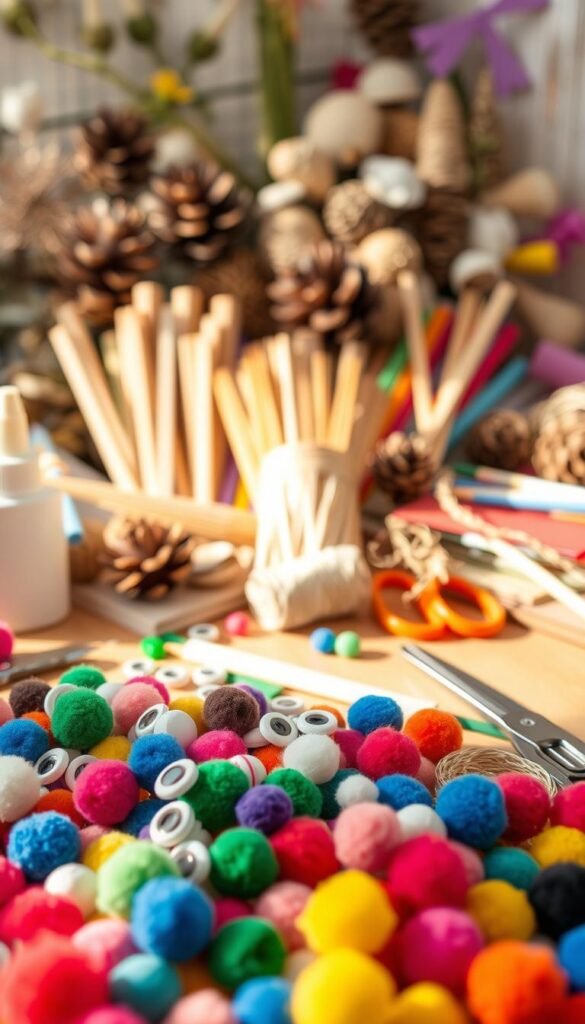 A well-lit tabletop scene showcasing an array of budget-friendly crafting materials. In the foreground, an assortment of colorful pom-poms, googly eyes, glue sticks, and scissors. In the middle ground, a variety of wooden craft sticks, twine, and colorful construction paper. In the background, a soft-focus display of natural elements like pinecones, seashells, and dried flowers. Warm, natural lighting casts a cozy glow across the scene, emphasizing the humble yet charming nature of these simple, accessible supplies. The overall mood is one of creativity, resourcefulness, and the joy of DIY crafting on a budget.