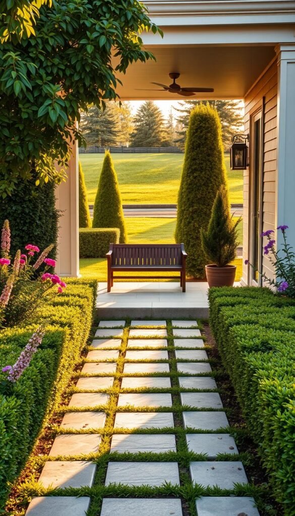 A well-manicured front garden with lush greenery, vibrant flowers, and a neatly trimmed hedge, bathed in warm, golden afternoon sunlight. The path leading to the front door is lined with decorative pavers, inviting visitors to explore. A modern, minimalist porch with a sleek, wooden bench and potted plants frames the entryway, creating a sense of welcoming and sophistication. In the background, a neatly trimmed lawn and a few strategically placed trees add depth and balance to the scene. The overall composition conveys a sense of curb appeal, harmony, and a strong first impression.