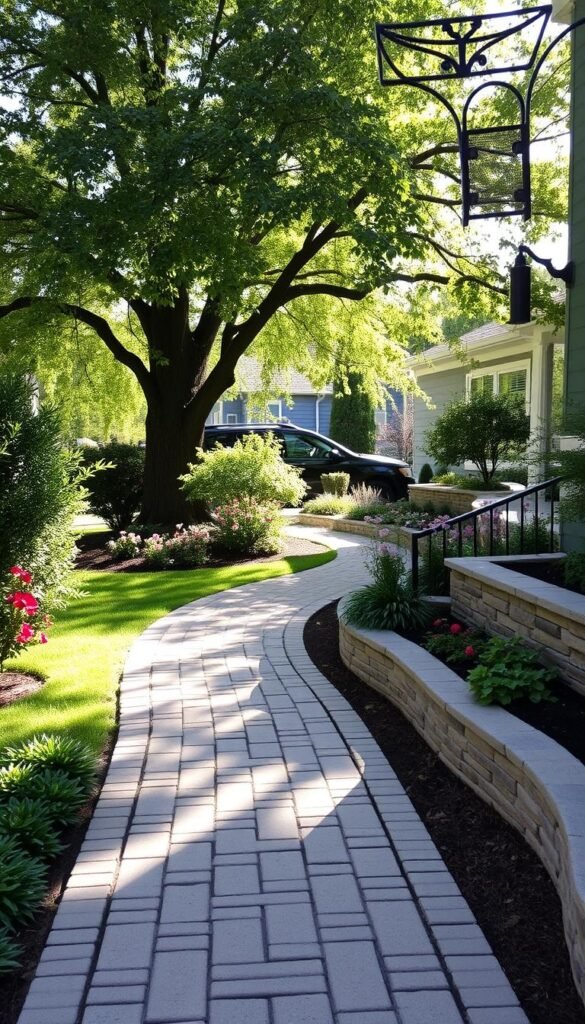 A well-manicured front yard with an inviting paved walkway leading to the entrance. Interlocking pavers in a herringbone pattern create a sophisticated, textured surface, complemented by lush greenery and colorful blooms on either side. A low-lying retaining wall frames the garden, its natural stone finish blending seamlessly with the surrounding landscape. Dappled sunlight filters through the canopy of a mature tree, casting gentle shadows and creating a warm, welcoming atmosphere. The scene exudes a sense of curb appeal and harmonious design, perfectly setting the stage for a charming, inviting entryway.