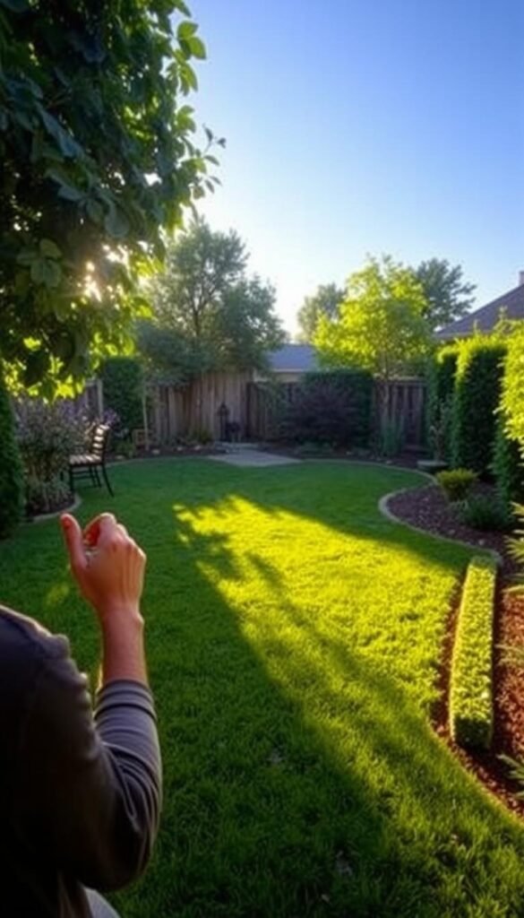 A well-organized backyard with a thoughtful assessment of the available space. A warm afternoon sunlight filters through lush greenery, casting soft shadows across a neatly manicured lawn. In the foreground, a person stands, hand on chin, carefully evaluating the layout and dimensions, considering possible landscaping options. The middle ground features strategically placed garden beds, a small patio, and a simple water feature that adds a soothing ambiance. In the background, a wooden fence or low hedges frame the scene, hinting at the property's boundaries and the potential for further development. The overall mood is one of tranquility and focused contemplation, inviting the viewer to envision the possibilities for an affordable, yet relaxing backyard retreat.