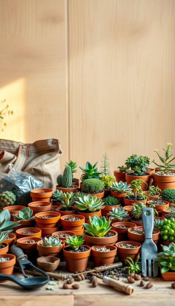 A well-organized display of dish garden supplies against a soft, natural backdrop. In the foreground, an assortment of small terracotta pots, gardening tools, and a bag of potting mix. In the middle ground, a varied selection of succulents, mosses, and miniature plants. The background features a wooden surface with a subtle texture, bathed in warm, diffused lighting that casts gentle shadows. The overall composition evokes a serene, earthy atmosphere, perfectly suited for a dish garden project.