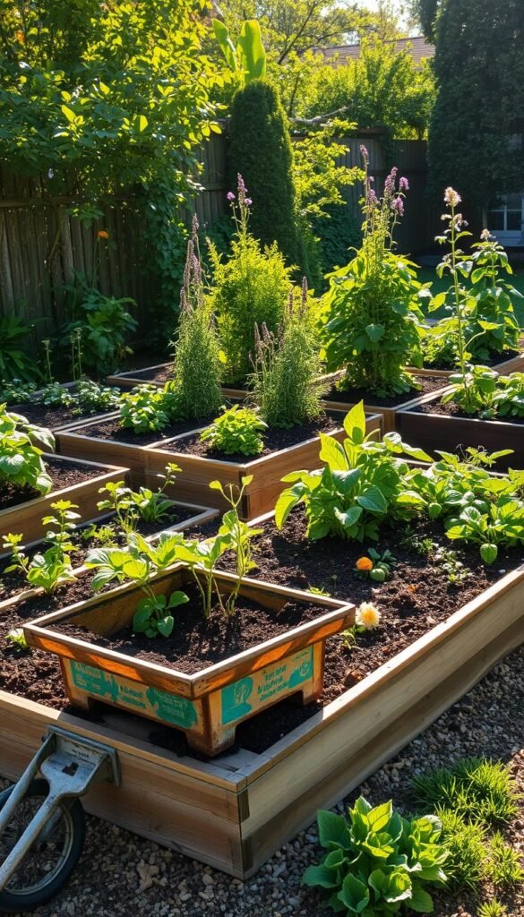 A well-organized no-till garden bed setup in a lush, sun-dappled backyard. The beds are constructed from raised wooden frames filled with nutrient-rich soil, creating an inviting and productive growing space. Earthworm castings and organic mulch cover the soil, retaining moisture and suppressing weeds. Tall, thriving plants of various greens, herbs, and vegetables populate the beds, with a few scattered flowers adding pops of color. The scene is bathed in warm, golden light, conveying a sense of abundance and harmony. A weathered garden cart sits nearby, ready to assist with the bountiful harvest. The overall composition emphasizes the beauty and functionality of a sustainable, no-till gardening system.