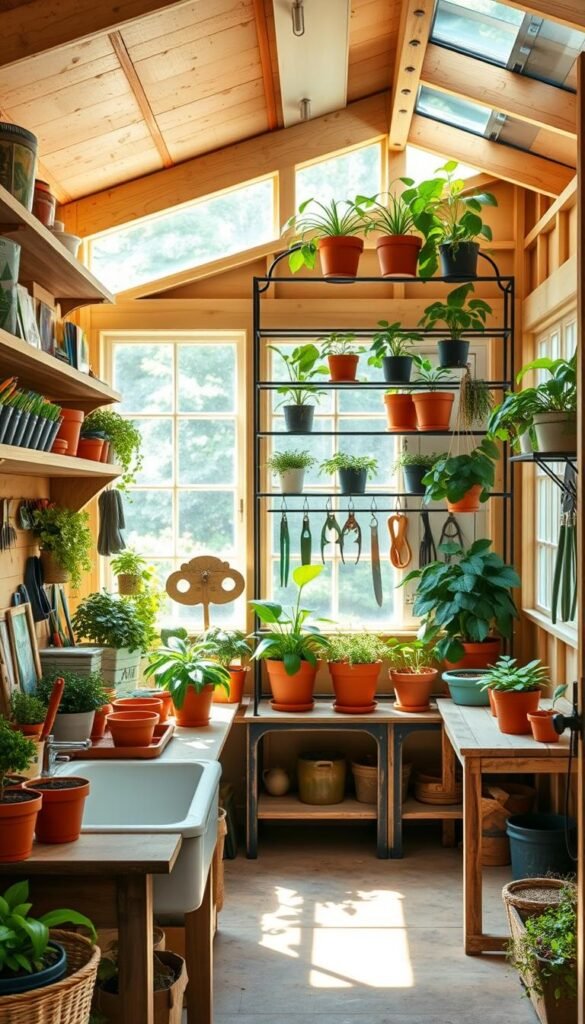 A well-organized potting shed with ample shelving, hooks, and storage solutions. Warm natural lighting filters through the shed's windows, casting a cozy glow over neatly arranged gardening tools, terracotta pots, and lush greenery. The foreground showcases a sturdy workbench with a ceramic sink, perfect for potting and cleaning. Shelves along the walls display an array of seed packets, pruning shears, and other essential gardening supplies. In the background, a vintage-inspired metal rack holds an assortment of hanging plants, adding a touch of rustic charm. The overall atmosphere exudes a sense of productivity and tranquility, perfectly capturing the essence of a transformative potting shed.