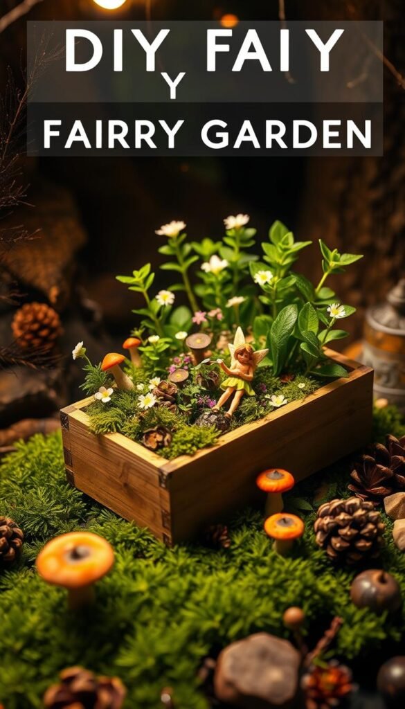 A whimsical DIY fairy garden scene, featuring a miniature wooden planter box filled with lush, verdant foliage, delicate flowers, and charming fairy figurines. The box sits atop a moss-covered forest floor, surrounded by mushrooms, pinecones, and other natural elements. Warm, directional lighting casts a gentle glow, creating a cozy, enchanting atmosphere. The camera angle is slightly elevated, offering a captivating, up-close view of the intricate details and handcrafted details of this tranquil, magical oasis.
