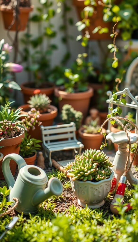 A whimsical arrangement of miniature accessories and lush greenery in a sun-dappled setting. In the foreground, a tiny watering can, garden tools, and a delicate ceramic planter overflowing with delicate succulents. The middle ground features a diminutive bench, a birdbath, and a miniature trellis adorned with climbing vines. In the background, a backdrop of potted plants, trailing ivy, and a hint of a fairy-tale inspired landscape. Warm, soft lighting gently illuminates the scene, creating a sense of enchantment and wonder. The composition is balanced and harmonious, inviting the viewer to step into this enchanting miniature world.