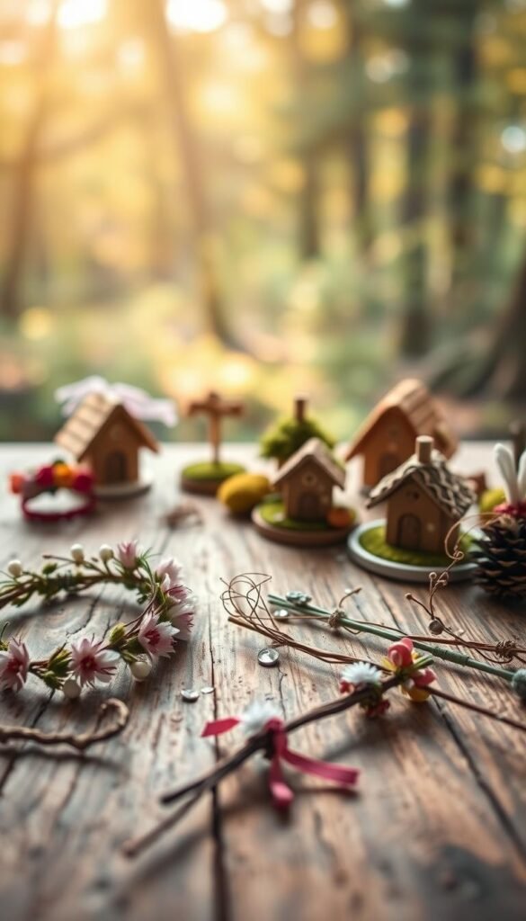 A whimsical assortment of handcrafted fairy accessories lies on a rustic wooden table, bathed in soft, warm lighting. In the foreground, delicate flower crowns, beaded wristlets, and tiny wand-like twigs adorned with ribbons and charms capture the imagination. In the middle ground, miniature fairy houses constructed from natural materials like moss, twigs, and pinecones stand ready to become enchanting garden decor. The background features a blurred, dreamy forest scene, hinting at the magical realm from which these fanciful creations have been inspired.