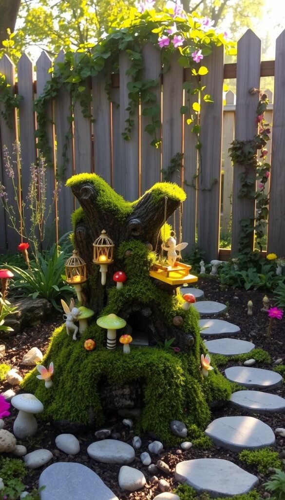 A whimsical backyard fairy garden scene, bathed in soft, golden afternoon light. In the foreground, a vibrant, mossy tree stump serves as a cozy fairy dwelling, adorned with delicate mushrooms, glowing lanterns, and a miniature wooden swing. Enchanting, transparent fairy figures flit about, tending to the lush, verdant flora surrounding the tree. In the middle ground, a stone pathway winds through the garden, dotted with smooth pebbles and miniature ceramic figurines. Beyond, a picturesque wooden fence frames the scene, with trailing vines and blooming wildflowers cascading over the rails. The overall atmosphere is one of wonder, magic, and a gentle, inviting charm.