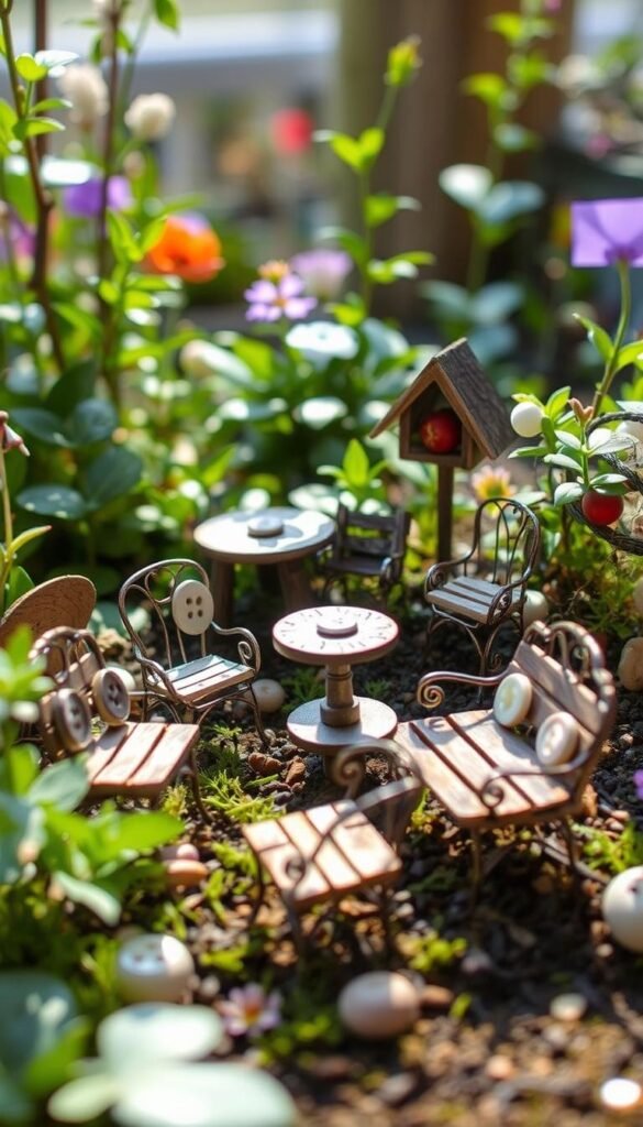 A whimsical collection of upcycled miniature furniture, crafted from recycled materials, nestled in a fairy garden setting. An assortment of tiny chairs, benches, and tables, each with its own unique character, fashioned from salvaged wood, wire, buttons, and other found objects. Soft natural lighting illuminates the intricate details, creating a warm, inviting atmosphere. The pieces are arranged in a thoughtful, artful manner, blending seamlessly with the lush, verdant backdrop of the fairy garden. A sense of playful imagination and eco-conscious creativity permeates the scene.