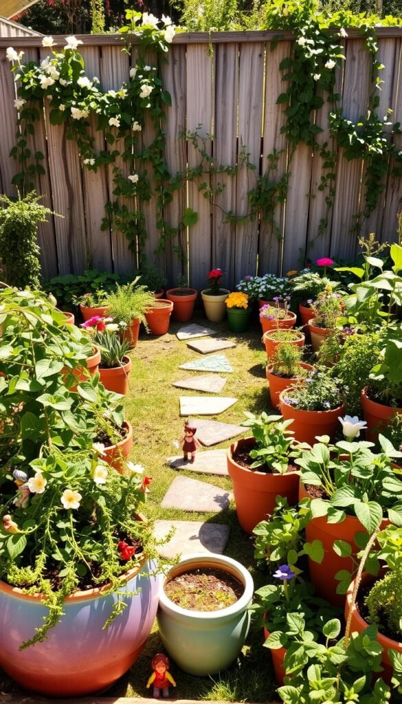 A whimsical container garden setup in a sun-dappled children's play space. In the foreground, a cluster of colorful ceramic pots overflows with lush, playful foliage - trailing vines, fluffy ferns, and vibrant flowers. Fairy figurines peek out among the greenery, inviting young imaginations to take flight. The middle ground features a delightful mosaic stepping stone path, winding through a diverse tapestry of potted plants, each one a unique and charming character. In the background, a weathered wooden fence is adorned with trellises of blooming vines, casting dappled shadows across the scene. The entire setup is bathed in warm, golden light, creating a sense of enchantment and wonder, perfect for a fairy-themed children's garden.