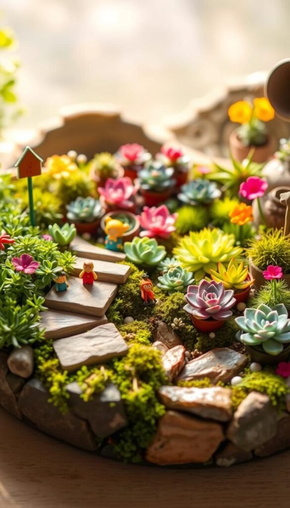 A whimsical dish garden filled with colorful, kid-friendly plants and decorations. In the foreground, a set of small, stone steps wind through lush greenery and miniature figurines, inviting little hands to explore. The middle ground features a variety of potted succulents, mosses, and flowers in vibrant hues, arranged in a visually pleasing layout. The background showcases a soft, natural landscape with hints of sunlight filtering through, creating a warm, welcoming atmosphere. The lighting is soft and diffused, casting gentle shadows and highlighting the texture of the materials. The overall scene exudes a sense of discovery and encourages hands-on engagement, perfectly suited for a child-focused DIY project.